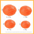Four orange textured dog balls in sizes XL, L, M, S with weights and dimensions