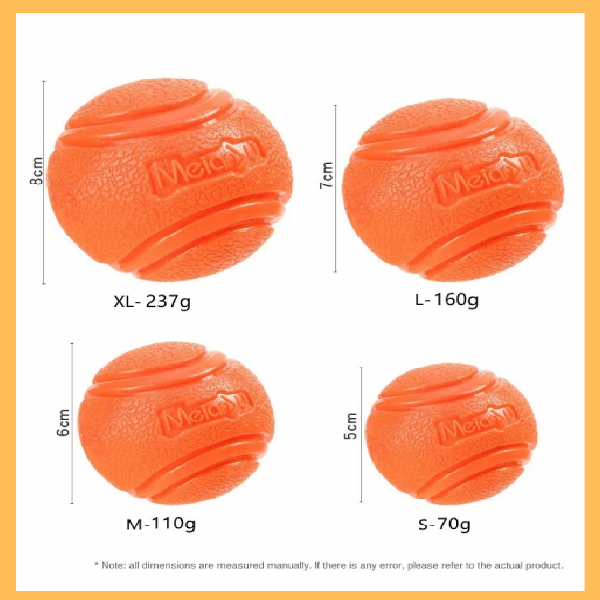 Four orange textured dog balls in sizes XL, L, M, S with weights and dimensions