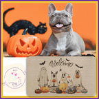 French Bulldog with Halloween pumpkin, black cat, and welcome dog doormat