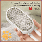 Hand holding FurLift pet brush full of fur, no static, pet grooming tool advertisement.