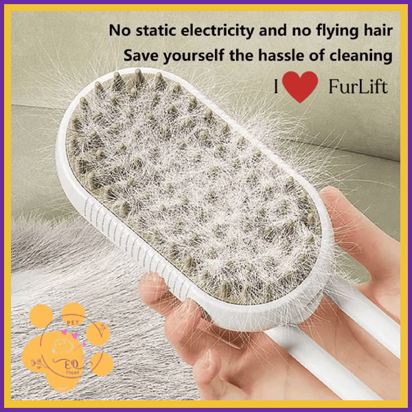 Hand holding FurLift pet brush full of fur, no static, pet grooming tool advertisement.