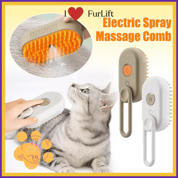 Electric spray massage comb brushing gray cat, FurLift pet grooming tool shown in use