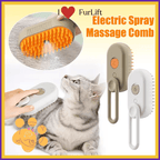 Electric spray massage comb brushing gray cat, FurLift pet grooming tool shown in use
