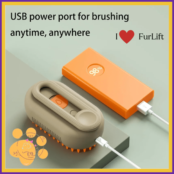 FurLift portable grooming brush and orange power bank with USB charging, pet care product