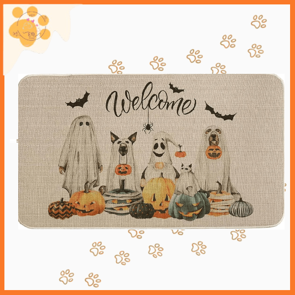Halloween welcome mat with dogs in costume, pumpkins, bats, and paw prints
