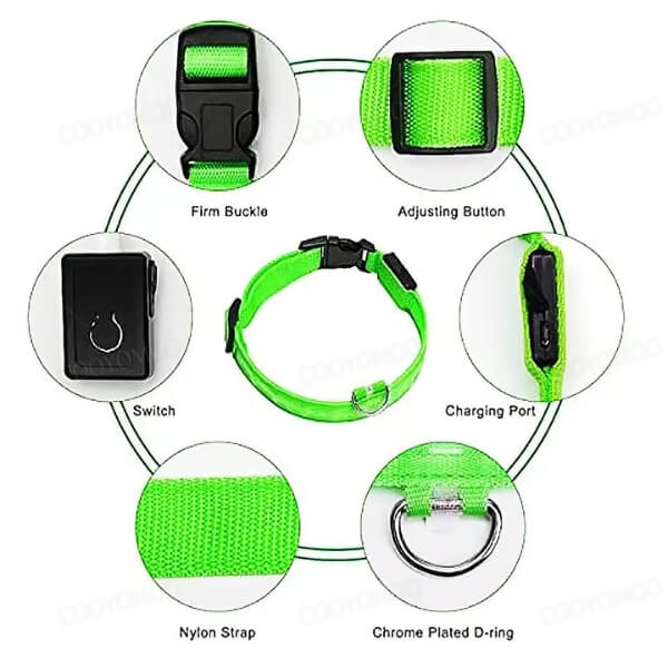 LED collar with adjustable straps and rechargeable battery for dogs’ night safety