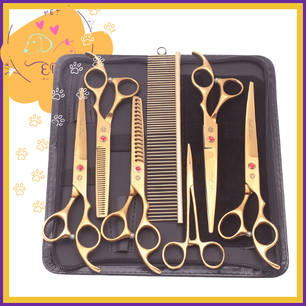 Gold pet grooming scissors set with comb in black case, professional grooming kit
