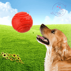Golden Retriever looking at red Eco Chew Ball in grassy field with sunflowers