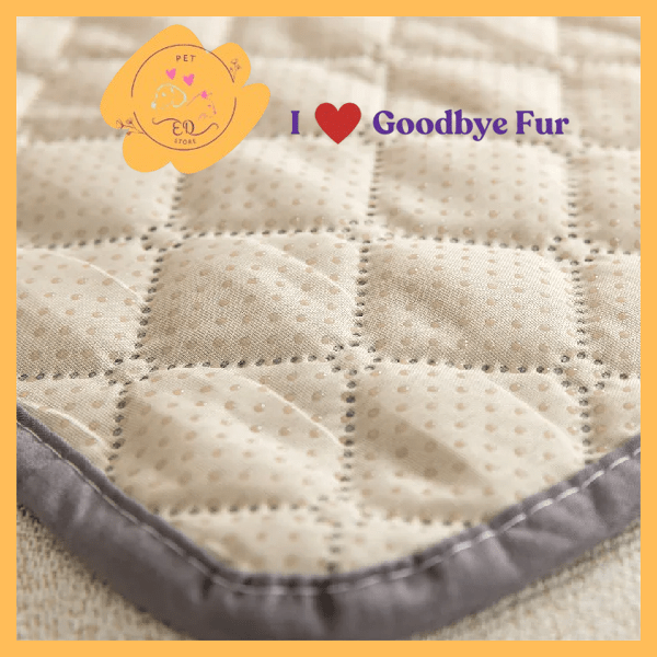 Non-slip quilted pet mat with textured grip, Goodbye Fur branding and heart graphic