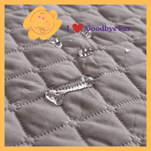Waterproof quilted pet blanket with water droplets, Goodbye Fur branding and pet logo
