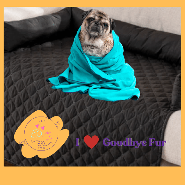 Pug wrapped in teal blanket on black pet furniture cover with 'I love Goodbye Fur' text and pet store logo