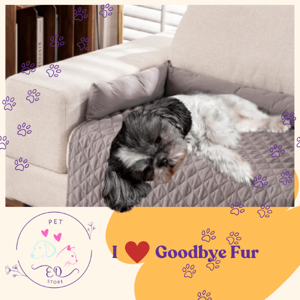 Small dog sleeping on a couch protector, cozy, pet fur cover, paw print accents.