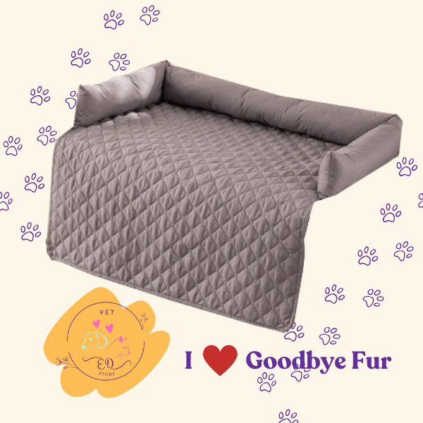 Gray quilted pet sofa cover with paw prints, Goodbye Fur text, and pet store logo