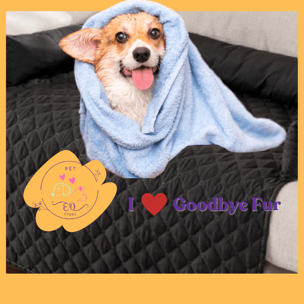 Happy dog wrapped in blue towel on black pet blanket, Goodbye Fur, pet store logo visible