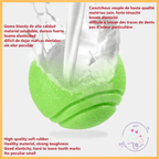 Green eco chew ball made of latex, shown with water splash, durable and sustainable pet toy.