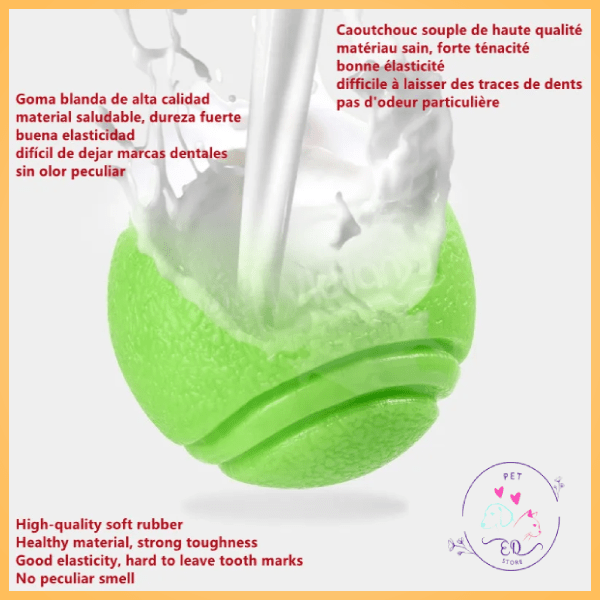 Green eco chew ball made of latex, shown with water splash, durable and sustainable pet toy.