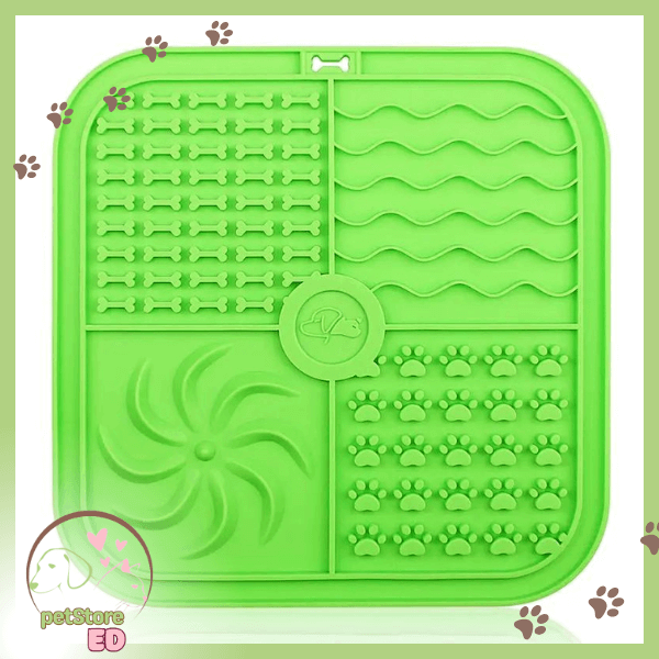 Green slow feeder mat with paw and bone patterns for dogs, pet feeding accessory