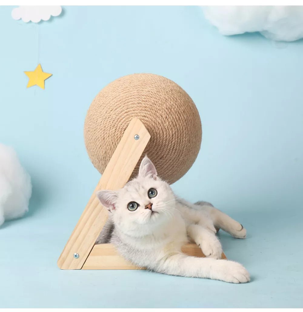 Gray cat with wooden and sisal rope scratching post, blue background, cloud decor