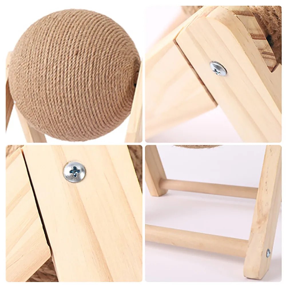 Close-up collage of wooden cat scratching post with sisal rope ball and sturdy screws
