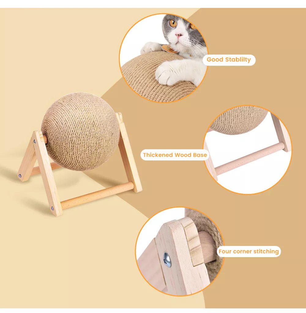 Cat scratching ball toy with thickened wood base, stable four-corner stitching design