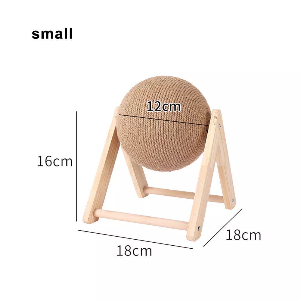 Small cat scratcher with a 12cm sisal ball on a wooden frame, dimensions 18x18x16cm.