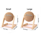 Small and large cat scratching balls with wooden stands, product size comparison