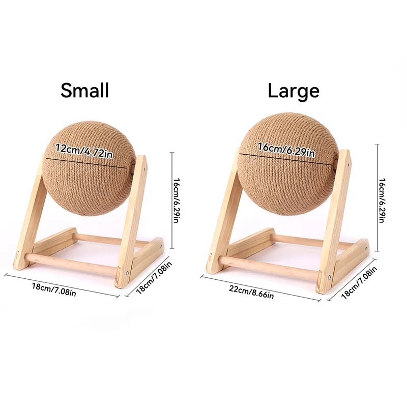Small and large cat scratching balls with wooden stands, product size comparison