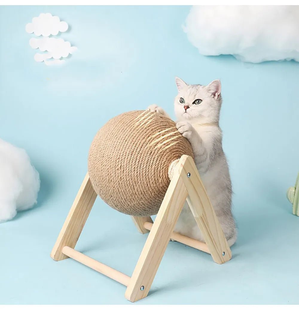 White cat playing with a spherical sisal cat scratching post on a wooden frame, blue background