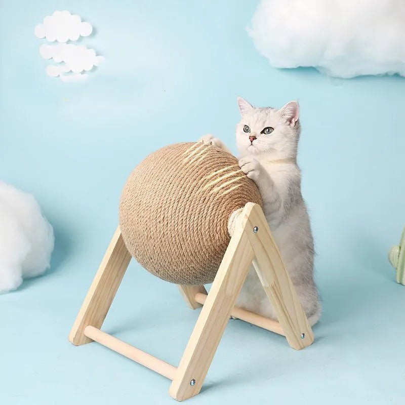 Gray cat playing with sisal rope scratching ball on wooden stand, blue cloud background