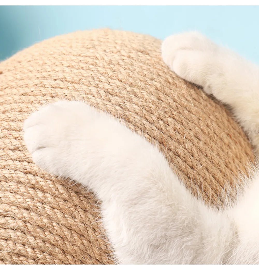 White cat paws on a round sisal rope cat scratcher against a light blue background