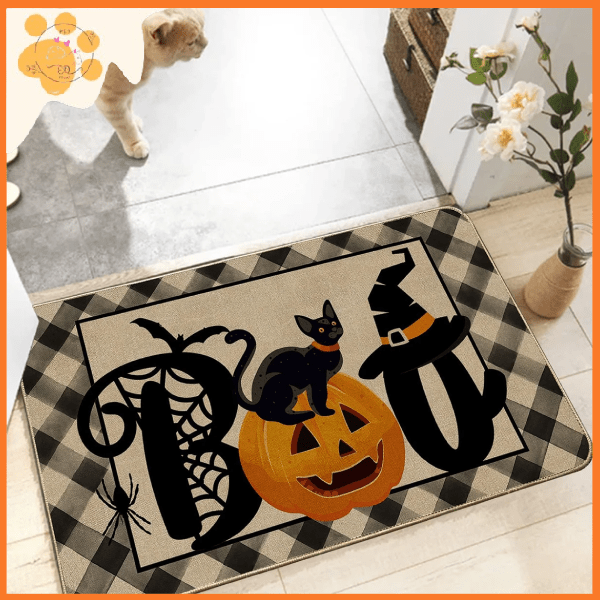 Halloween cat and pumpkin welcome mat with 'Boo' text in entryway