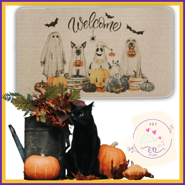 Halloween welcome mat with cartoon dogs in costumes, pumpkins, black cat, autumn decor
