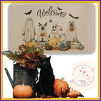 Halloween welcome mat with cartoon dogs in costumes, pumpkins, black cat, autumn decor