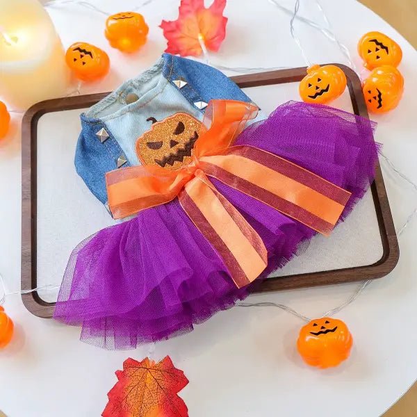 Halloween dress for dogs laid flat on a wooden tray, surrounded by string lights and mini pumpkin decorations