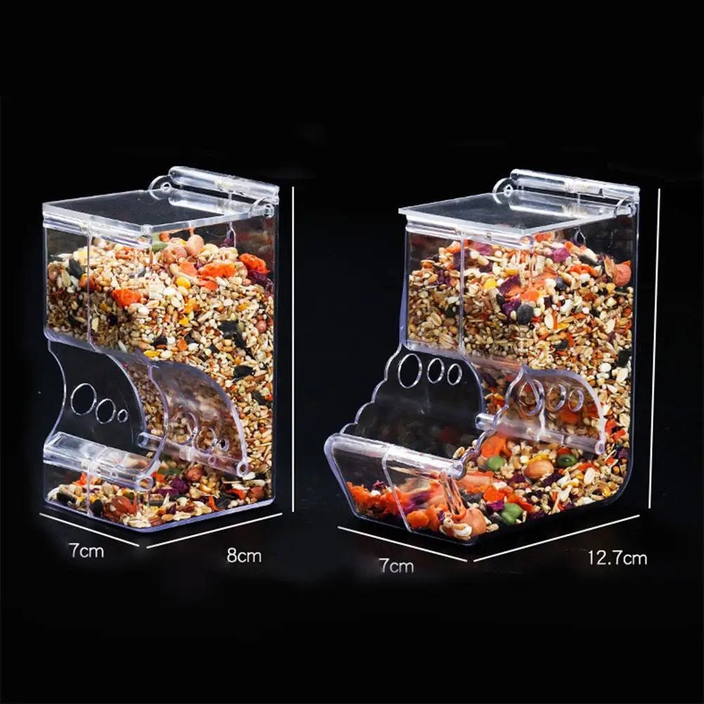 Transparent bird feeder box with seeds, clear acrylic design, labeled dimensions