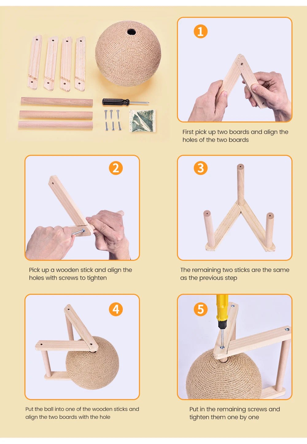Cat scratching ball assembly instructions with wooden sticks, screws, and rope ball.