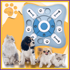 Interactive pet puzzle feeder for dogs and cats with blue design, two dogs and two cats
