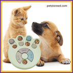 Kitten and puppy with interactive pet feeder toy, petstoreed.com in background