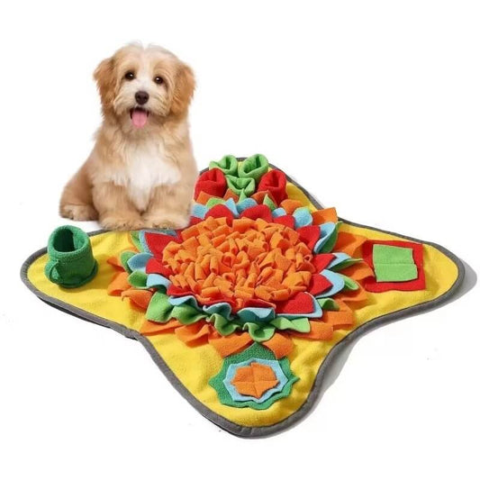 Dog with colorful enrichment mat for slow feeding and fun