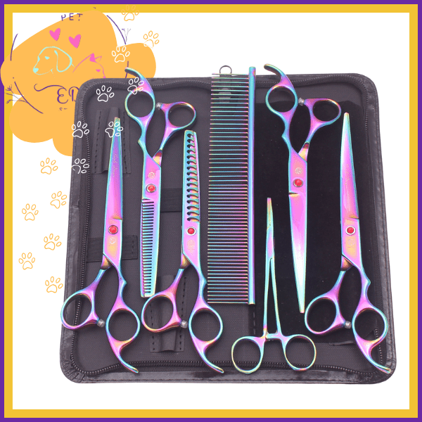 Iridescent rainbow grooming shears set with comb in black case for pet grooming