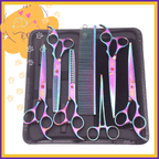 Iridescent rainbow grooming shears set with comb in black case for pet grooming