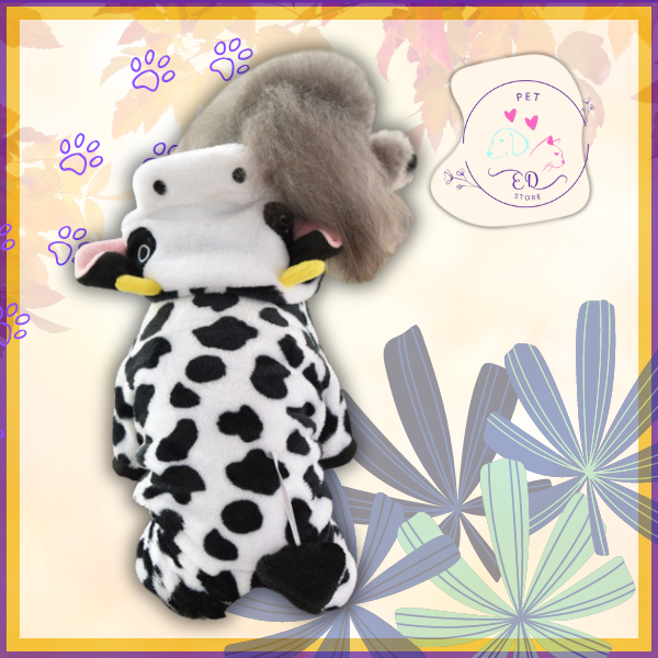 Cozy cow print pet costume in black and white, ideal for keeping pets warm and stylish during colder months