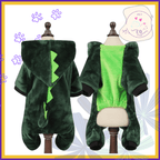 Plush green dinosaur dog costume on mannequins, pet clothing with hood and tail