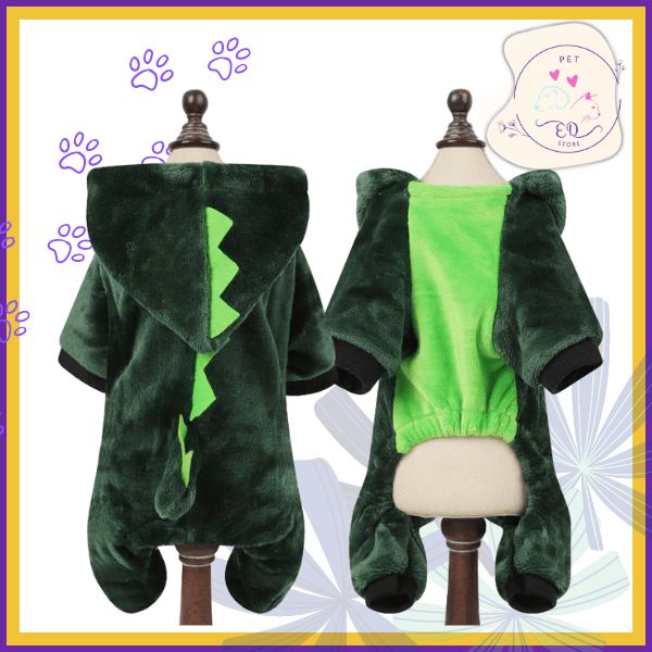 Plush green dinosaur dog costume on mannequins, pet clothing with hood and tail