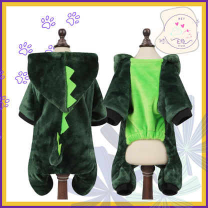 Green dinosaur costume for pets with detailed scales and tail, great for Halloween and pet parades.