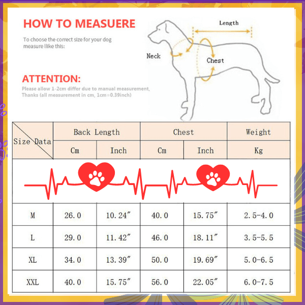 Dog size guide chart with measurement instructions and heart paw graphics, KnuffelWarmFit