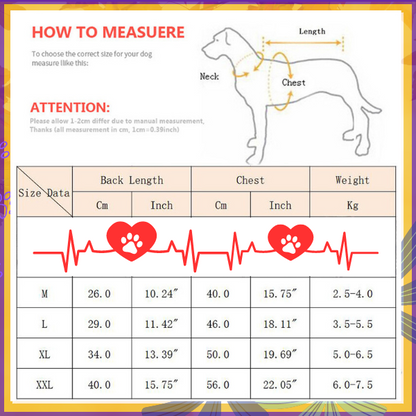 Detailed sizing chart for dog apparel, showing measurements in cm and inches for various sizes, ensuring a perfect fit