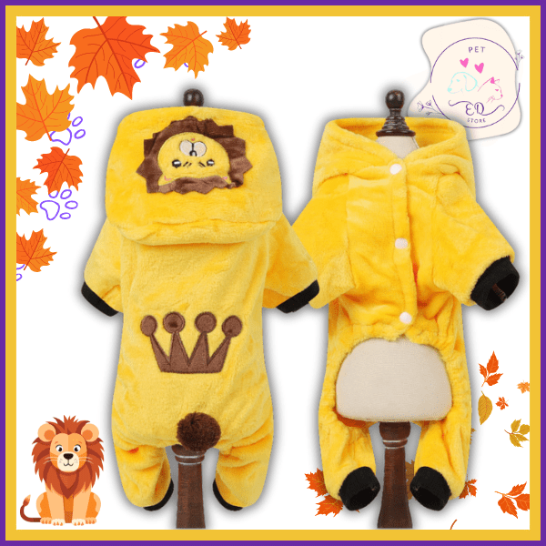 Yellow lion paw dog onesie costume with crown design, plush fabric, displayed on mannequins.