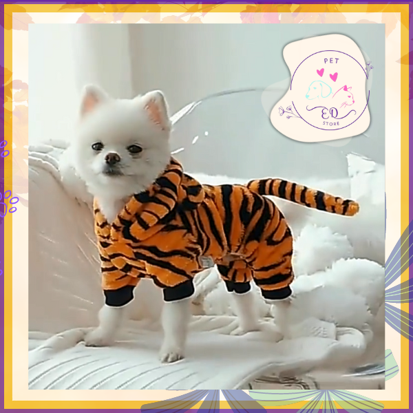 Adorable puppy dressed in a vibrant tiger costume from KnuffelWarm, perfect for Halloween and playful pet fashion events, ensuring your pet is the center of attention