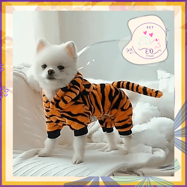 Small white dog wearing a tiger-striped hoodie costume on a white sofa, pet store logo visible